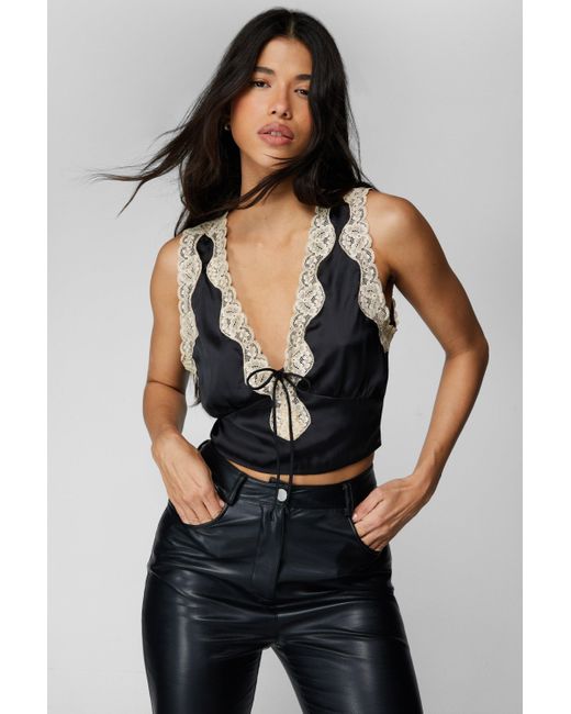 Nasty Gal Contrast Lace Tie Detail Satin Top in Black | Lyst UK