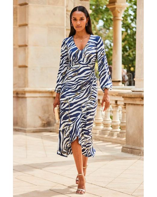 Sosandar Blue Animal & Chain Print Ruffle Hem Wrap Dress