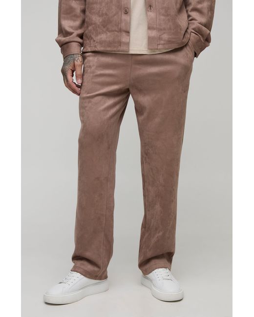 BoohooMAN Brown Tall Faux Suede Relaxed Fit Drawcord Pin Tuck Trousers for men