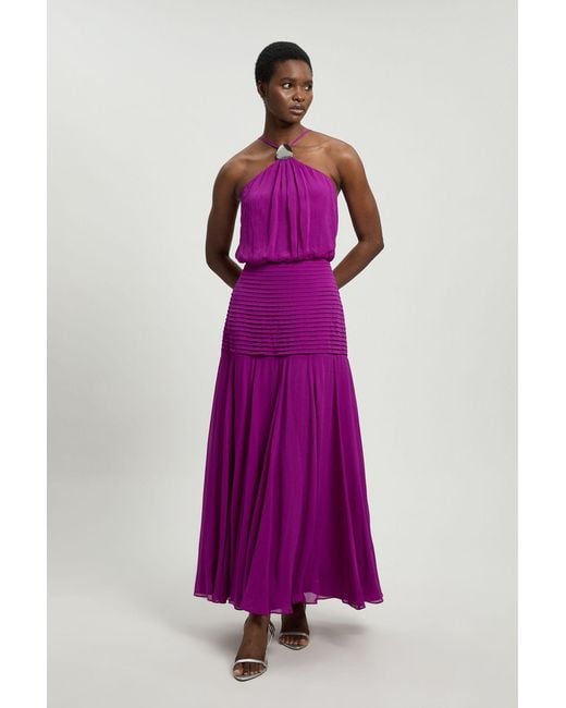 Karen Millen Purple Viscose Georgette Drop Hem Woven Halter Neck Maxi Dress