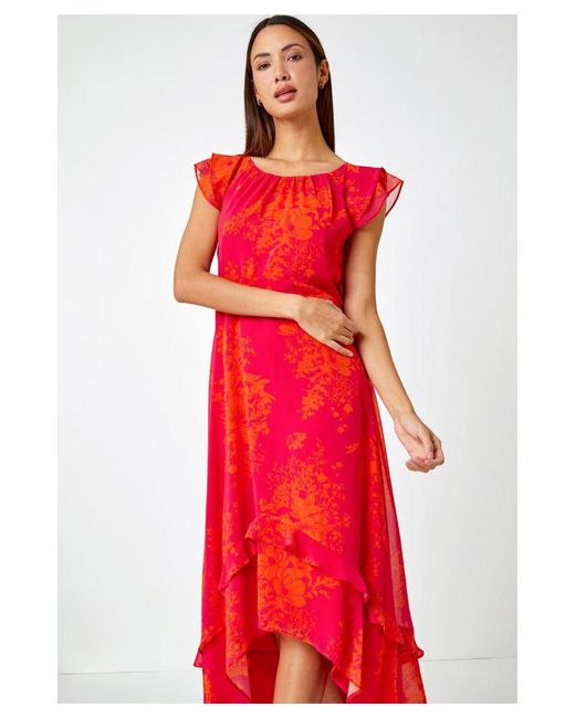 Roman Red Floral Frill Detail Chiffon Midi Dress