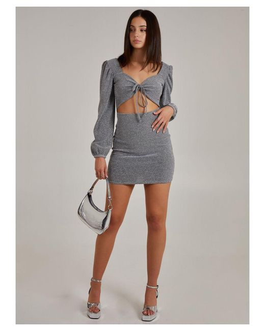 Pink Vanilla Gray Glitter Puff Sleeve Cut Out Dress