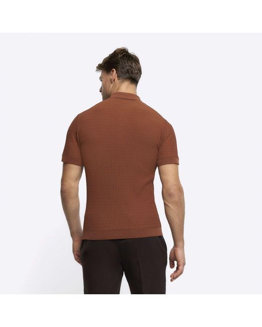 River Island Brown Polo Shirt Muscle Fit Knitted Half Zip for men