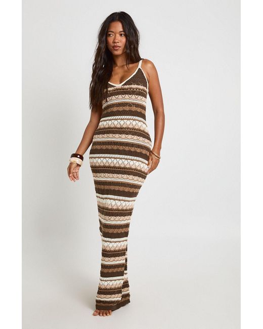 Boohoo Natural Crochet Stripe Stitch Maxi Dress