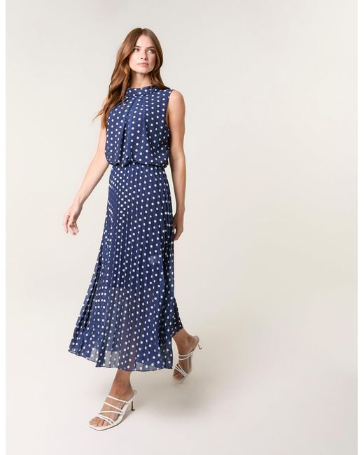 Blue Vanilla Blue Polka Dot Sleeveless Cowl Pleat Dress