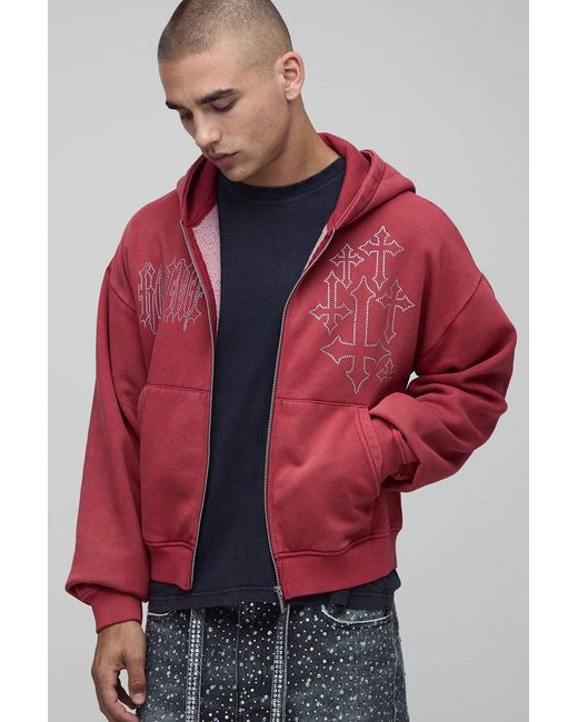 BoohooMAN Red Shrunken Fit Washed Cross Diamante Zip Through Hoodie for men