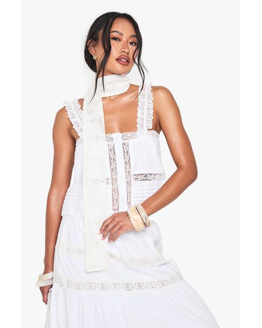 Boohoo White Cotton Poplin Lace Trim Embroidered Square Neck Cami