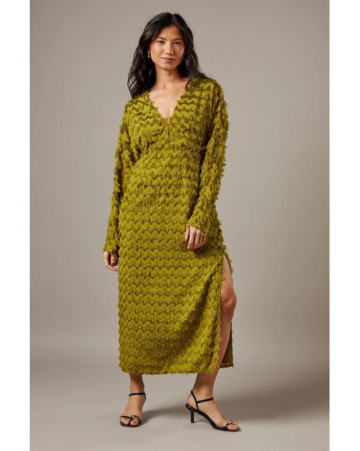 Warehouse Green Fluffy Plunge Neck Batwing Midi Dress