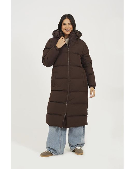 Brave Soul Brown Maxi Hooded Puffer Jacket With Detachable Sleeves