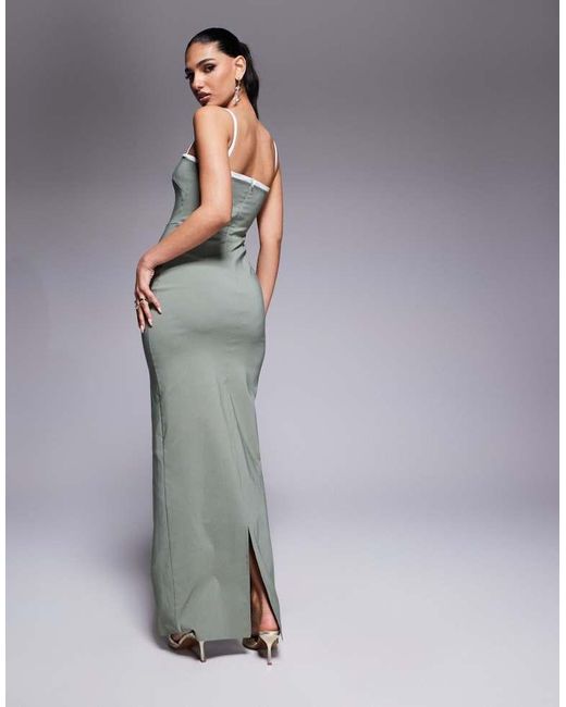 Vesper Gray Bengaline Square Neck Contrast Piping Bodycon Maxi Dress