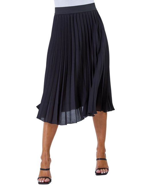 Roman Blue Petite Pleated Elastic Waist Midi Skirt
