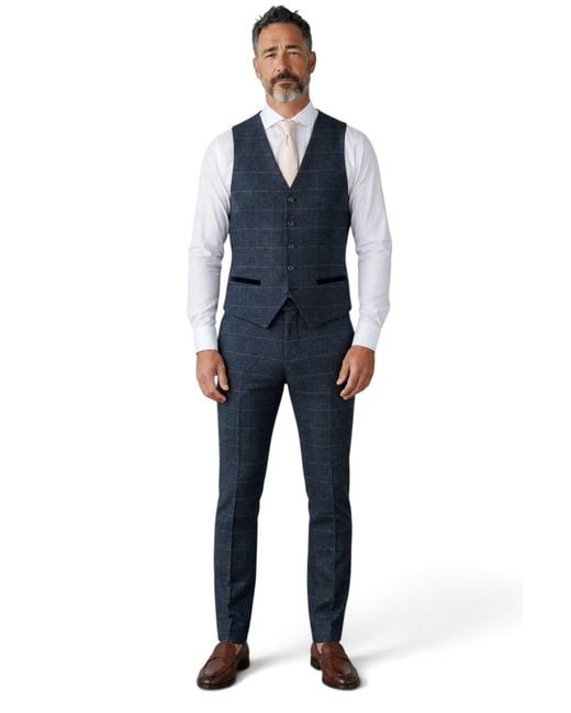 Paul Andrew Blue Tweed Herringbone Check Waistcoat for men