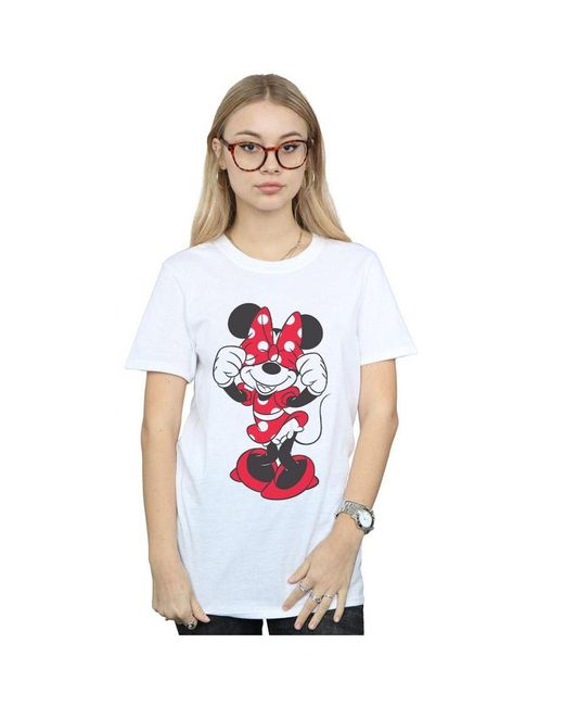 Disney White Ladies Minnie Mouse Bow Eyes Cotton Boyfriend T-Shirt ()