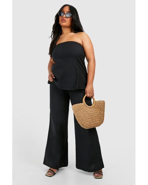 Boohoo Blue Plus Linen Feel Wide Leg Trouser & Bandeau Top Co-Ord