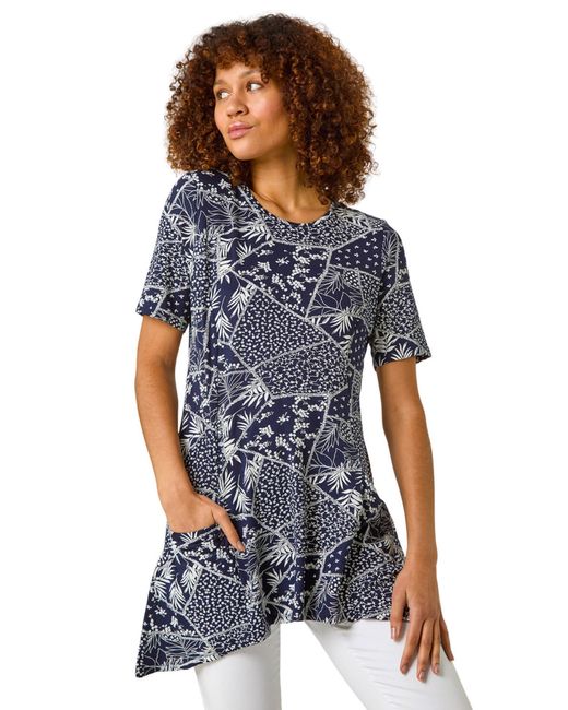Roman Blue Patchwork Mono Print Tunic Top