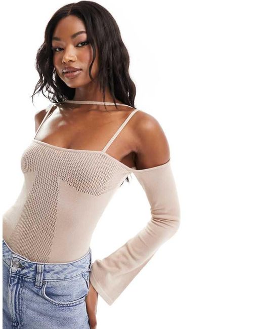 SIMMI Natural Knitted Pointelle Bardot Strappy Body