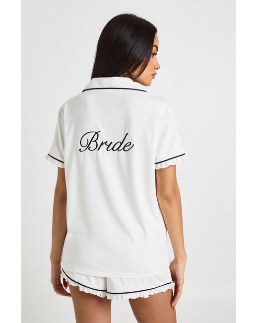 Boohoo White Bridal Jersey 'Bride' Embroidered Frill Detail Short Sleeve Shirt & Pyjama Set