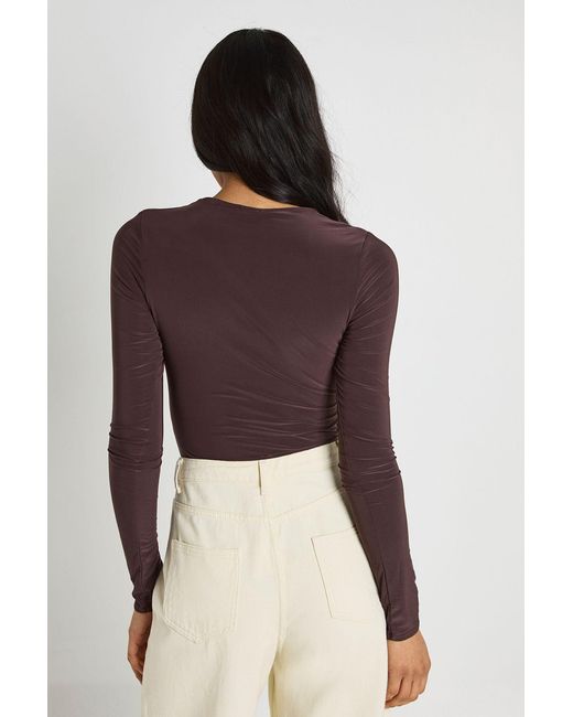 Boohoo Brown Tall Double Layer Slinky Long Sleeve Crew Neck Bodysuit