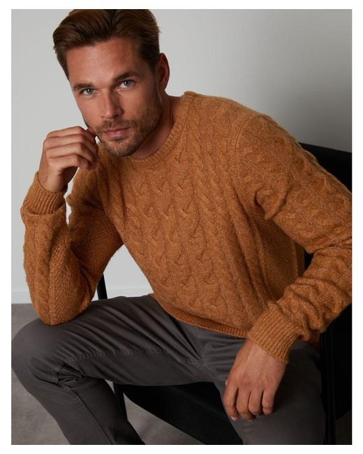 Threadbare Brown Camel 'darley' Cable Knit Crew Neck Jumper Acrylic/polyester for men