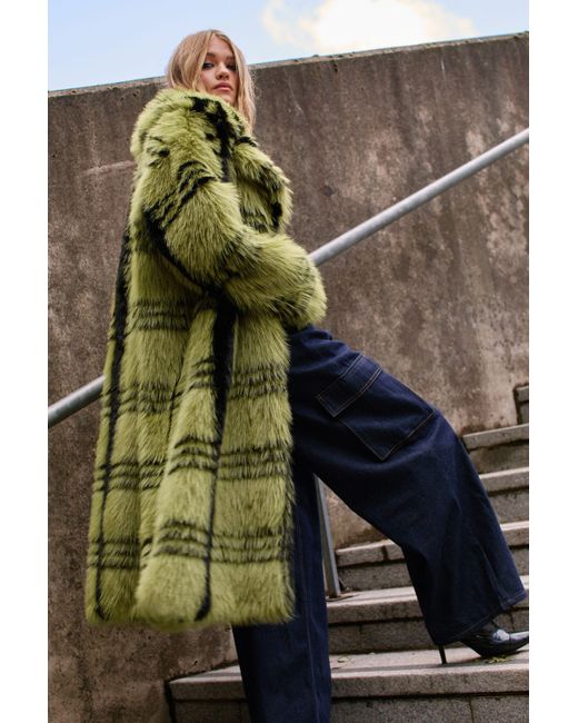 Nasty Gal Green Check Fur Maxi Coat