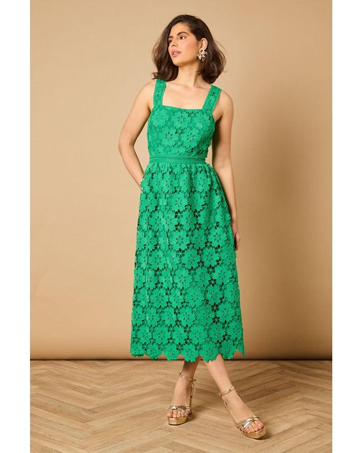 Oasis Green Floral Lace Detail Square Neck Midi Dress