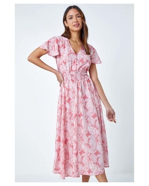Roman Pink Palm Print Tiered Midi Dress
