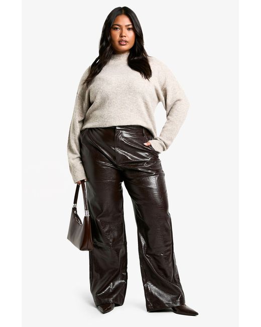Boohoo Brown Plus Croc Pu Straight Leg Trouser