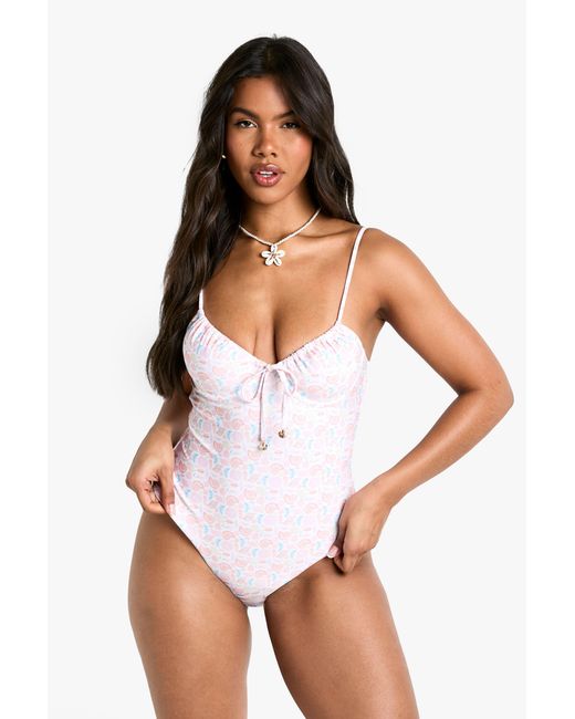 Boohoo White Shell Print Pearl Trim Underwire Bathing Suit