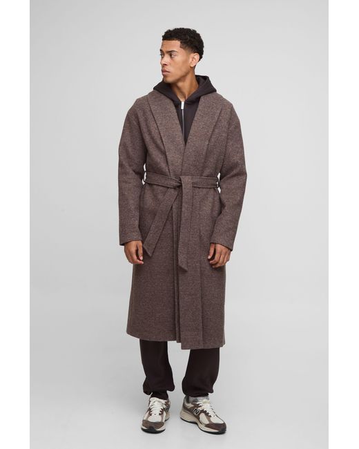 BoohooMAN Brown Single Breasted Shawl Collar Self Belted Longline Marl Melton Overcoat for men