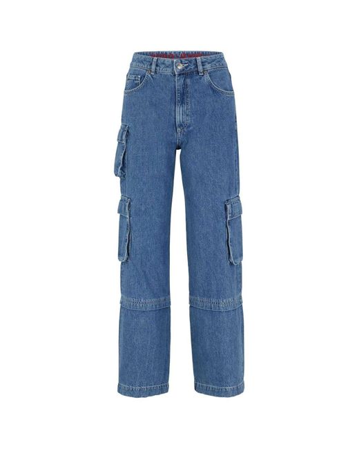 HUGO Gashia Leather Badge Relaxed Fit Jeans (blauw) in het Blue
