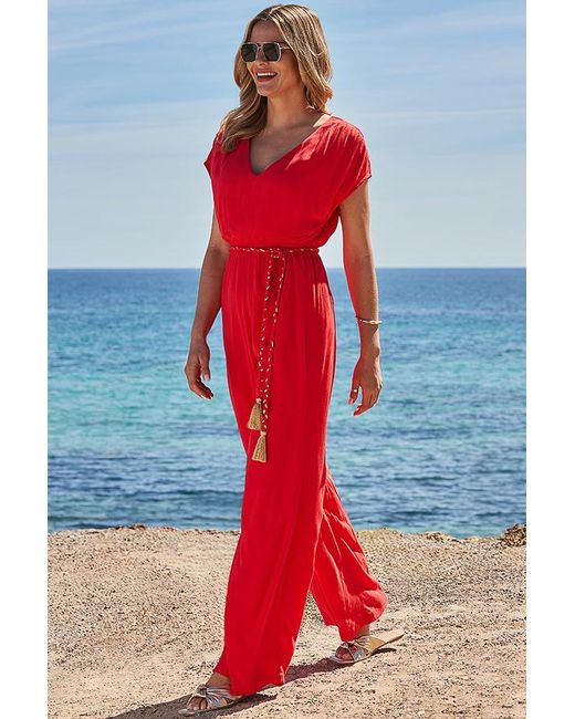 Sosandar Red Coral Wide Leg Crinkle Jumpsuit With Tassel Belt
