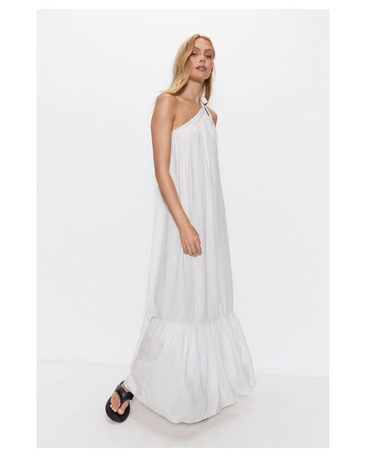 Warehouse White Linen One Shoulder Tiered Maxi Dress
