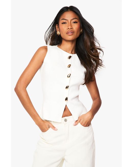 Boohoo White Button Detail Longline Knitted Waistcoat
