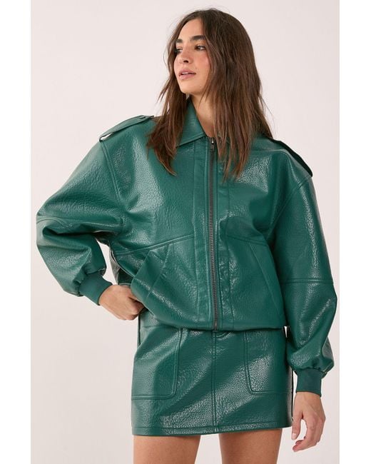 Nasty Gal Green Textured Faux Leather Zip Through Bomber Jacket