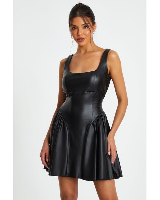 black faux leather skater dress Strappy Cupped Skater Mini Dress In Black Faux Leather | EGO US