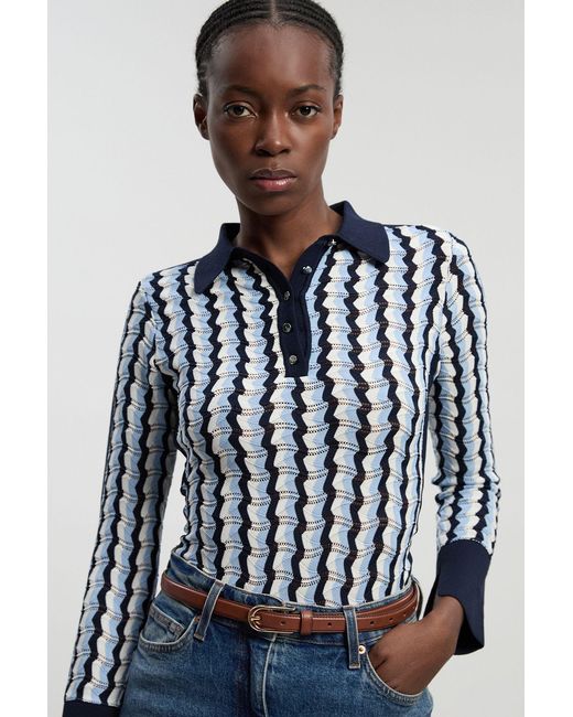 Karen Millen Black Knit Pointelle Contrast Collared Top