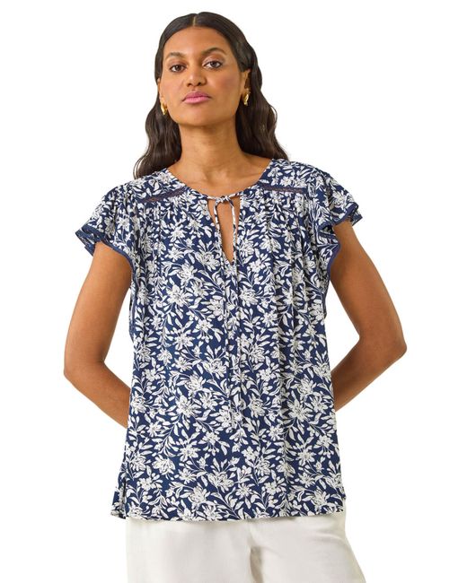 Roman Blue Floral Print Frill Sleeve Tie Top