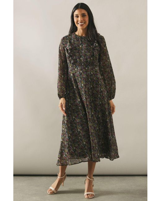 Wallis Green Floral Print Ruffle Detail Midi Dress