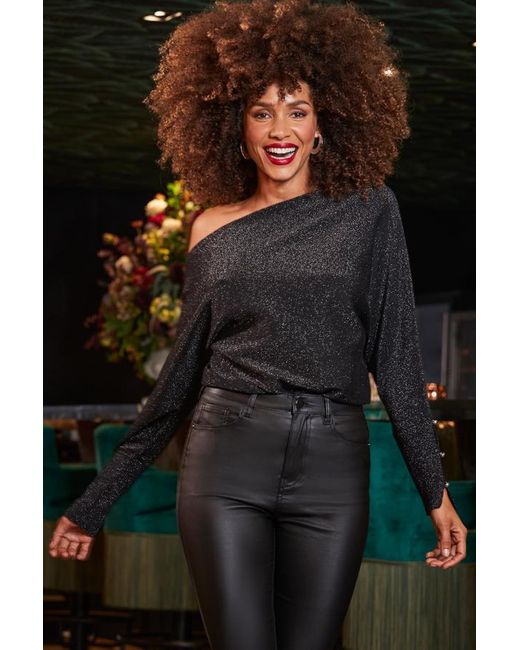 Sosandar Gray Metallic Asymmetric Neck Pearl Cuff Jumper