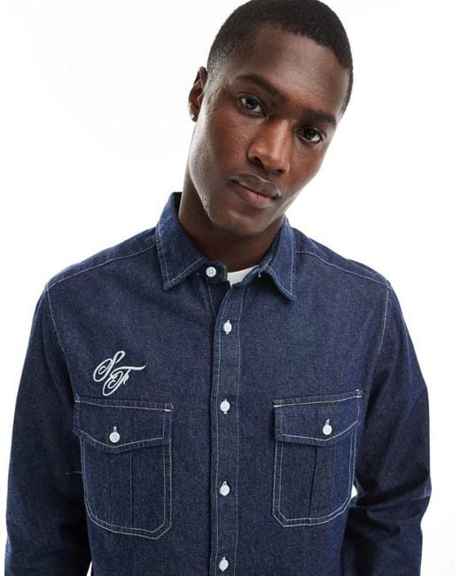 ASOS Blue Overshirt With Embroidery for men