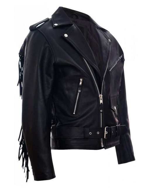Infinity Leather Black Fringe Hide Brando Tasseled Motorcycle Biker Jacket for men