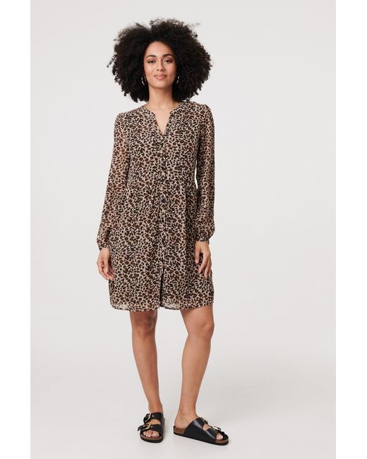 Izabel London Natural Animal Print Long Sleeve Short Dress