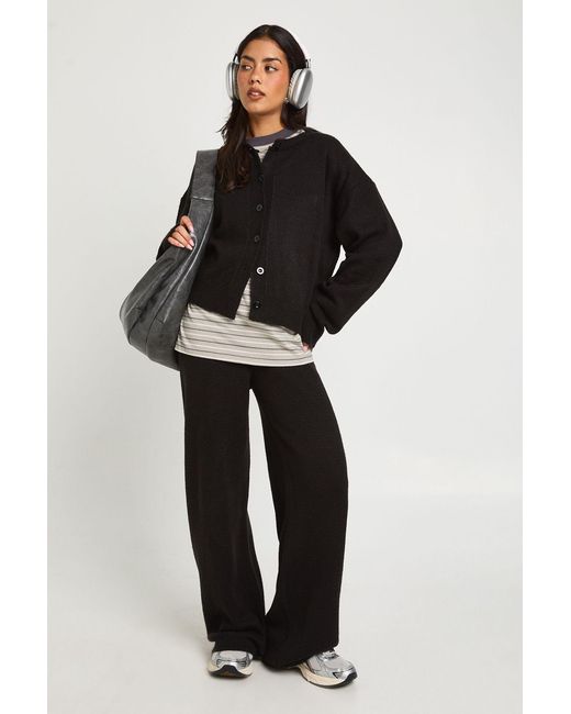 Boohoo Black Crew Neck Knitted Boxy Cardigan And Wide Leg Trouser Co-Ord