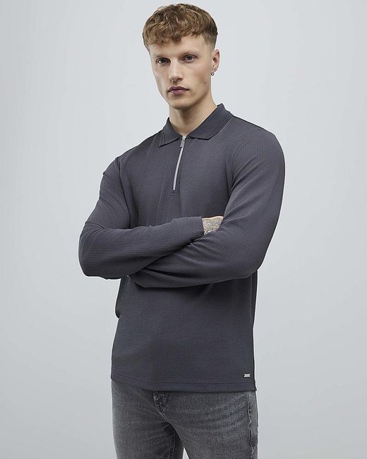 River Island Blue Polo Shirt Slim Fit Textured for men
