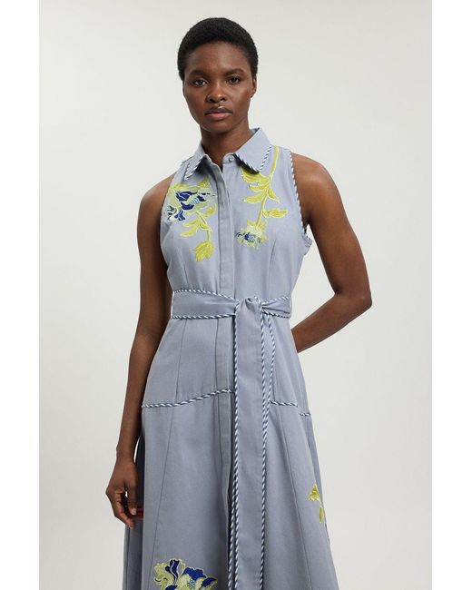 Karen Millen Blue Floral Applique Belted Midi Dress
