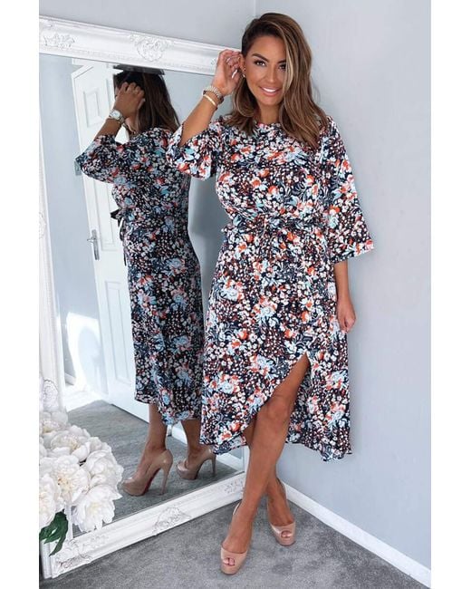 AX Paris Blue Floral Wrap Tie Front Midi Dress