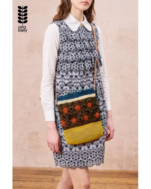 Orla Kiely Blue Woven Raffia Crossbody Bag With Block Flower Design