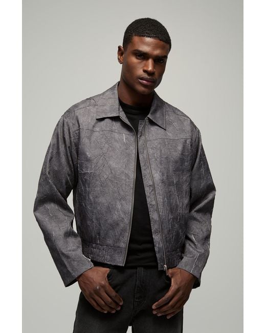BoohooMAN Gray Boxy Crinkle Harrington Jacket for men