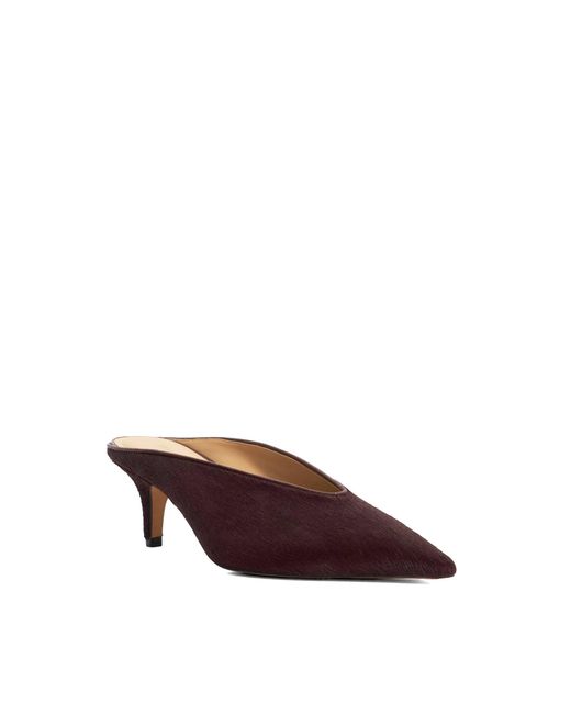 Dune Red Decisive Pointed Toe Kitten Heel Leather Mules