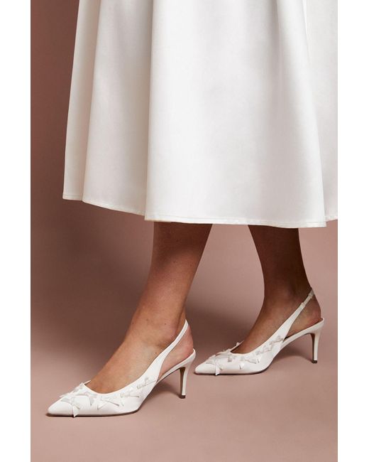 Oasis White Bridal Belle Satin Mini Bow Slingback High Stiletto Court Shoes